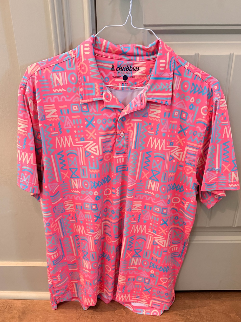 CHUBBIES Men Large Performance Polo Golf Shirt Casual Spring/Summer Pink Geo